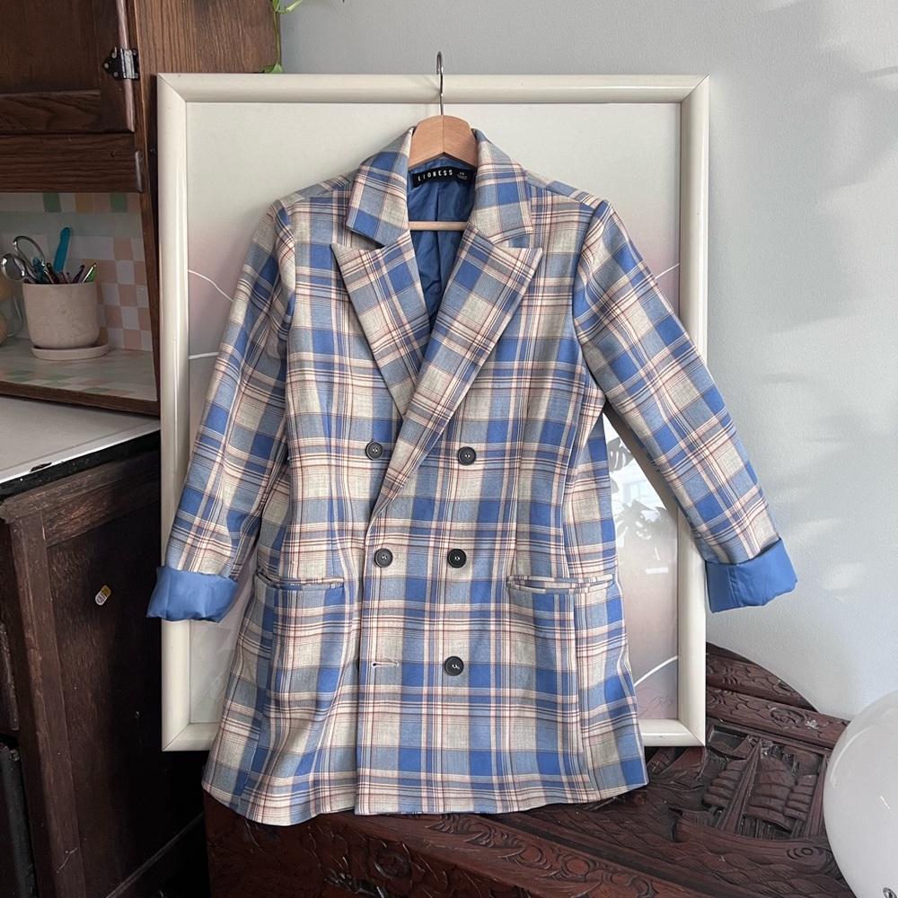 Lioness Aritzia Blue Plaid Blazer